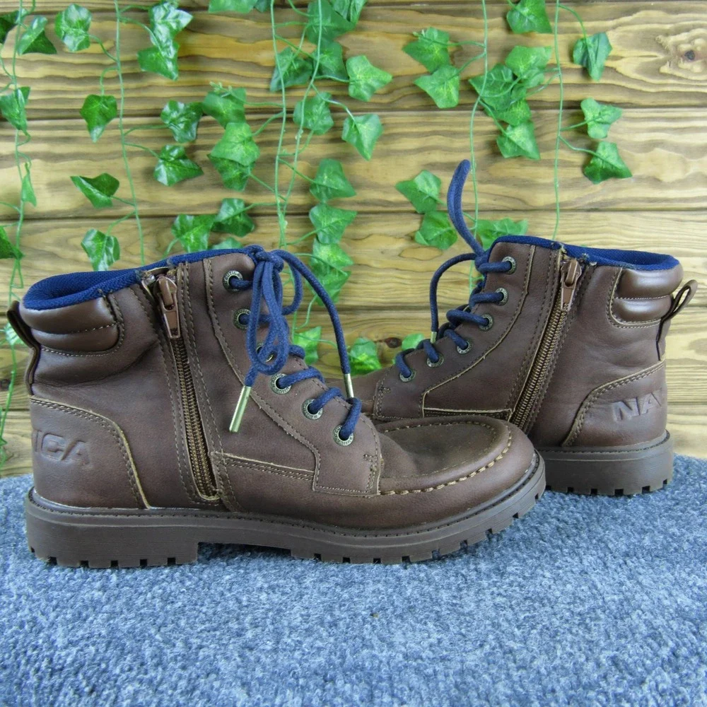 Nautica Zaysan Boys Size 5 Brown Synthetic Lace Up Ankle Boots Casual Outdoor‎
